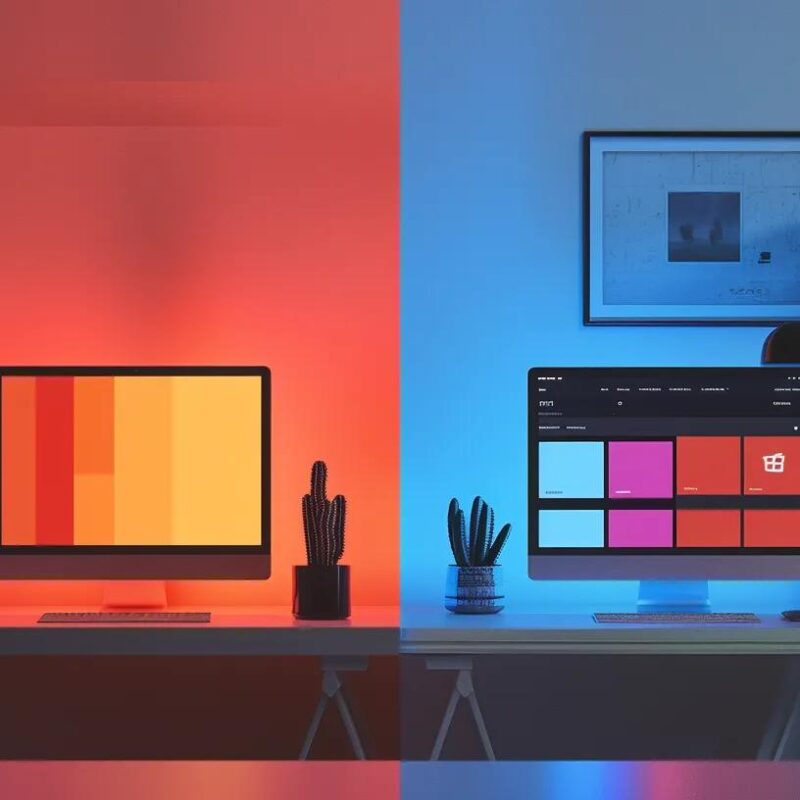 a dynamic split-screen visualization contrasting a sleek, modern e-commerce web design interface with vibrant colors on one side and a classic, minimalist traditional web design layout in muted tones on the other, illuminated by soft directional lighting for emphasis.