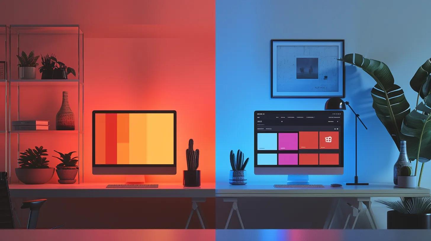 a dynamic split-screen visualization contrasting a sleek, modern e-commerce web design interface with vibrant colors on one side and a classic, minimalist traditional web design layout in muted tones on the other, illuminated by soft directional lighting for emphasis.