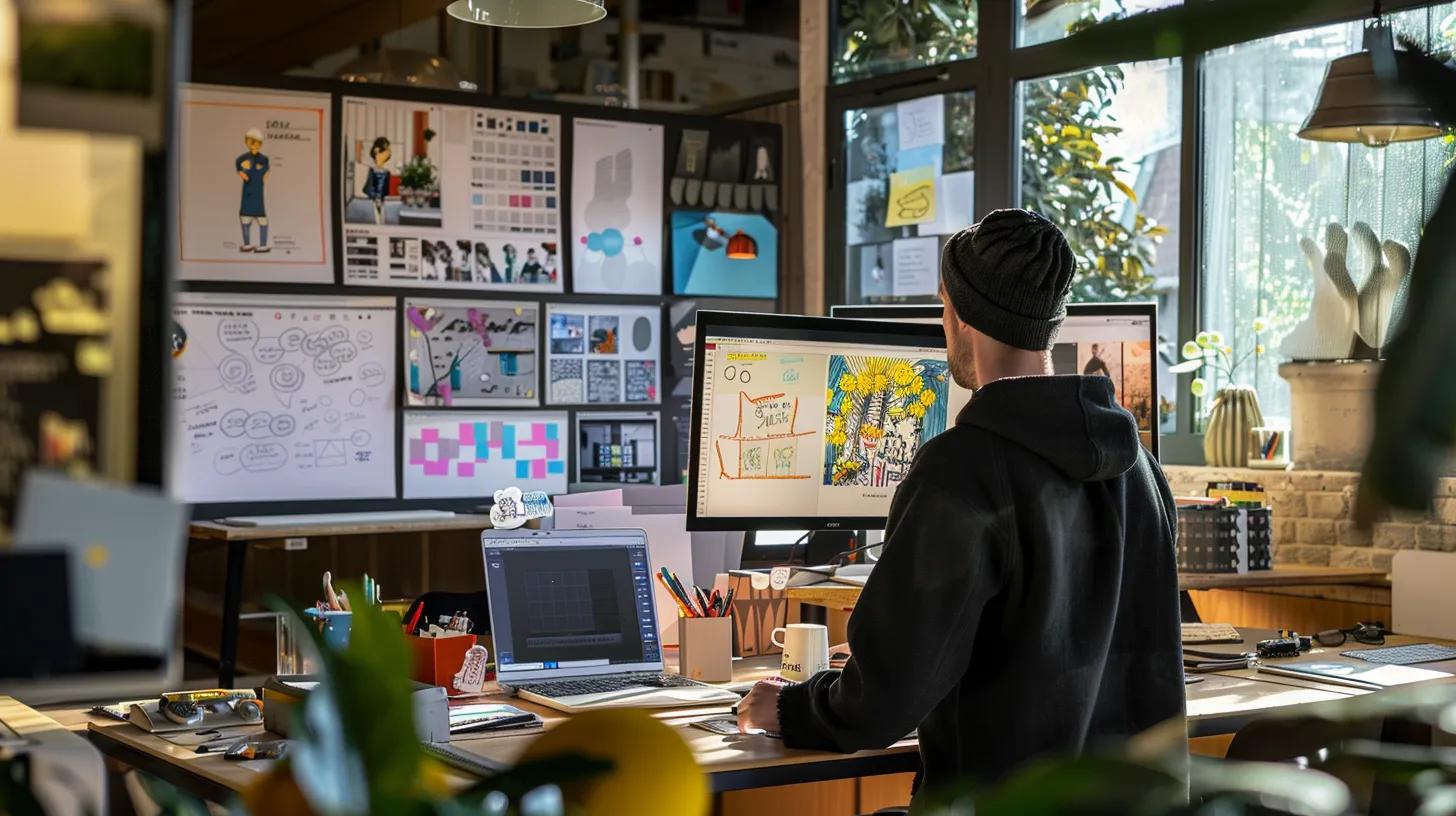 a dynamic workspace showcases a collaborative meeting between ux designers and developers, featuring vibrant sketches, digital prototypes, and a shared focus on creating intuitive software interfaces under warm, natural lighting.