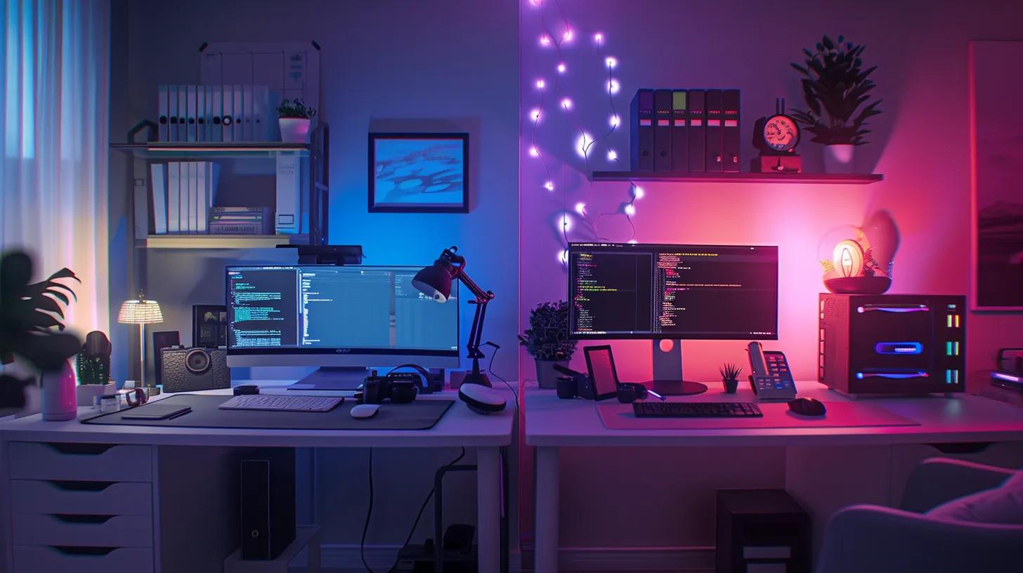 a dynamic workspace showcasing a ux designer’s vibrant digital prototypes on one side and a developer’s sleek coding interface on the other, illuminated by soft lighting that highlights the contrast between creativity and technical precision.