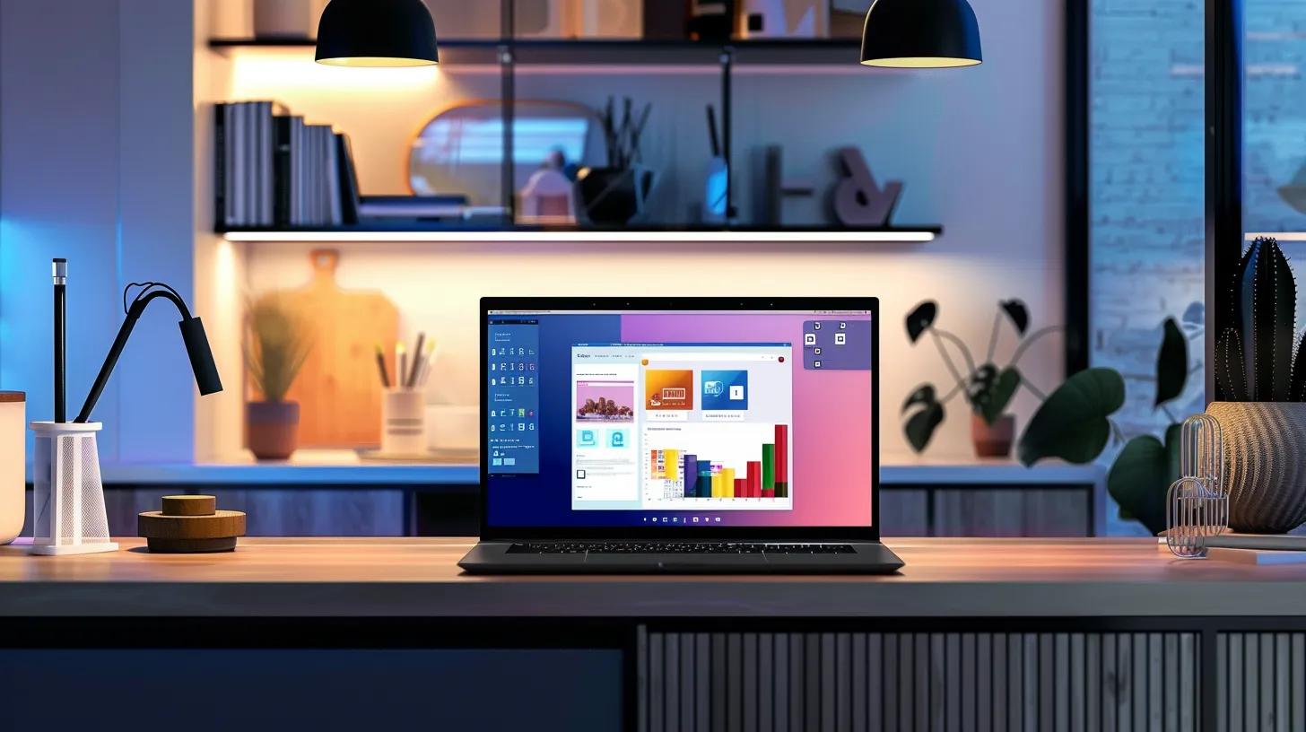 a vibrant digital workspace showcases a sleek e-commerce website on a laptop screen, surrounded by vivid infographics illustrating inventory management, customer security, and mobile optimization challenges, all under a bright, focused light that emphasizes innovation and modernity.