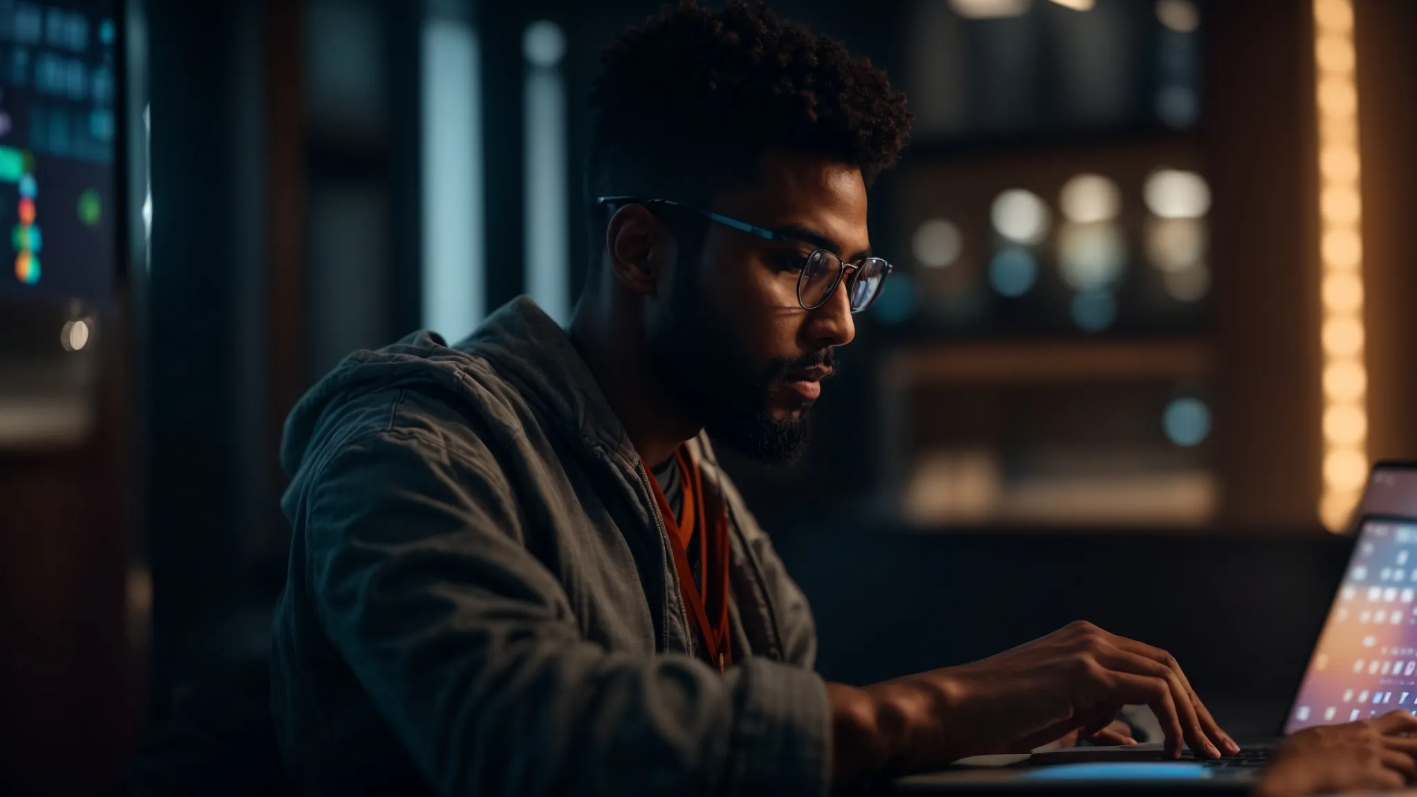 a focused developer works intently on a laptop, surrounded by visually striking accessibility design elements, highlighting contrasting colors and clear navigation menus that symbolize inclusive digital experiences.