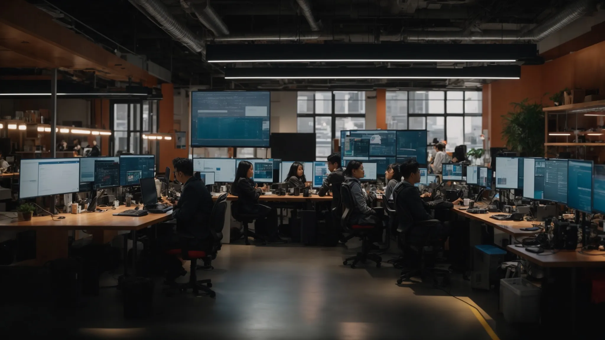 a vibrant workspace filled with diverse individuals collaborating over accessible technology, surrounded by multiple screens displaying various digital tools and resources that highlight current accessibility trends.