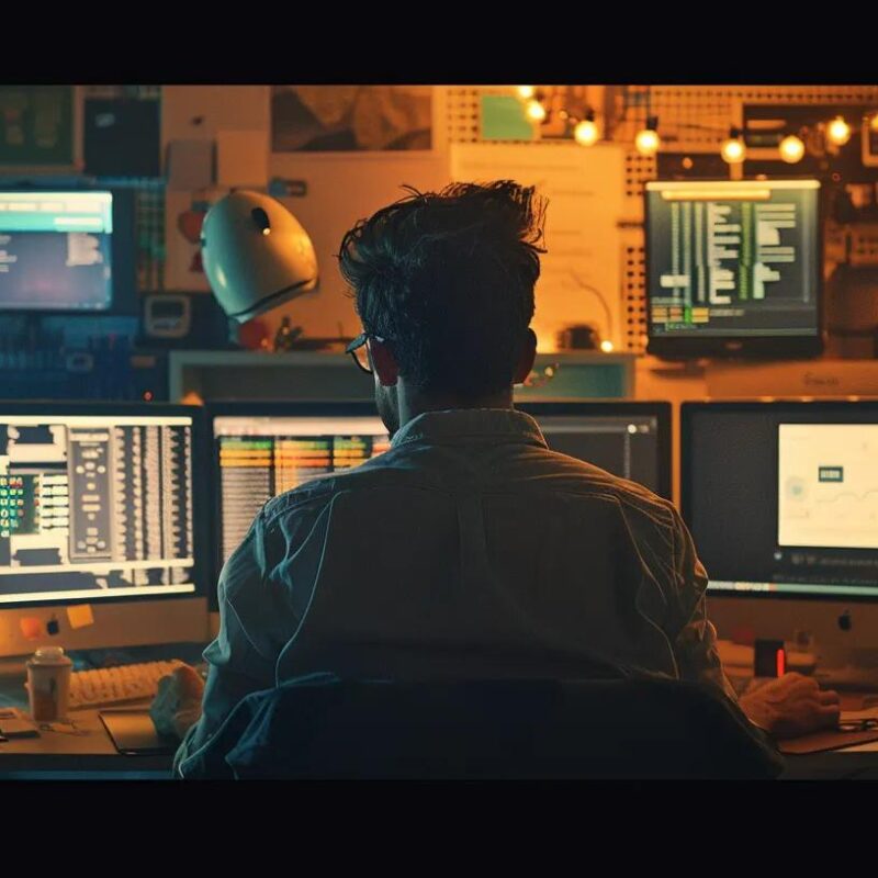 a focused view of a modern office workspace featuring a distressed programmer intently troubleshooting on a sleek laptop, surrounded by multiple computer monitors displaying error messages and analytics dashboards, illuminated by the cool glow of artificial lighting.