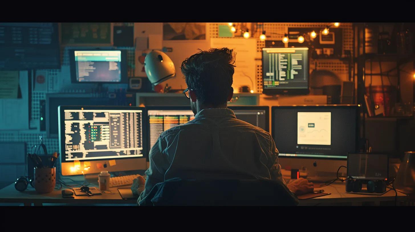 a focused view of a modern office workspace featuring a distressed programmer intently troubleshooting on a sleek laptop, surrounded by multiple computer monitors displaying error messages and analytics dashboards, illuminated by the cool glow of artificial lighting.