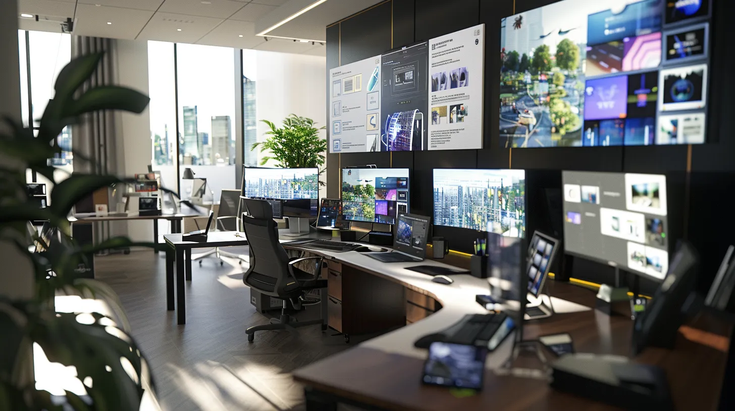 a modern office workspace filled with multiple digital screens displaying responsive web design interfaces, highlighting code snippets in html, css, and javascript, under bright, artificial lighting that emphasizes a dynamic and efficient development environment. | Day by Day Digital a modern office workspace filled with multiple digital screens displaying responsive web design interfaces, highlighting code snippets in html, css, and javascript, under bright, artificial lighting that emphasizes a dynamic and efficient development environment.