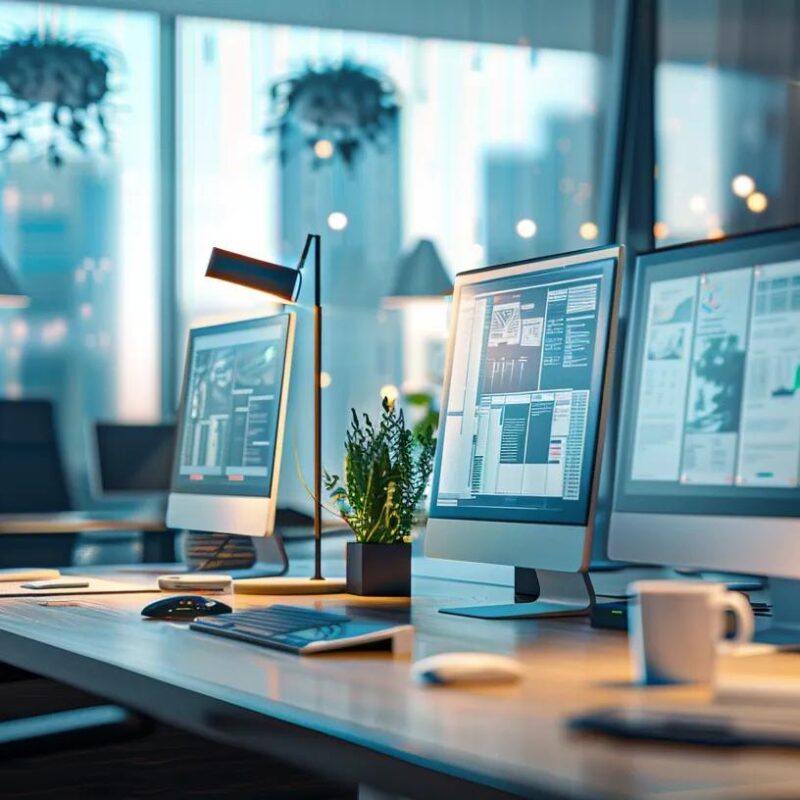 a sleek, modern office workspace, showcasing multiple computer screens displaying vibrant and dynamic website designs, illuminated by soft ambient lighting to emphasize the innovative techniques of effective cross-platform design.