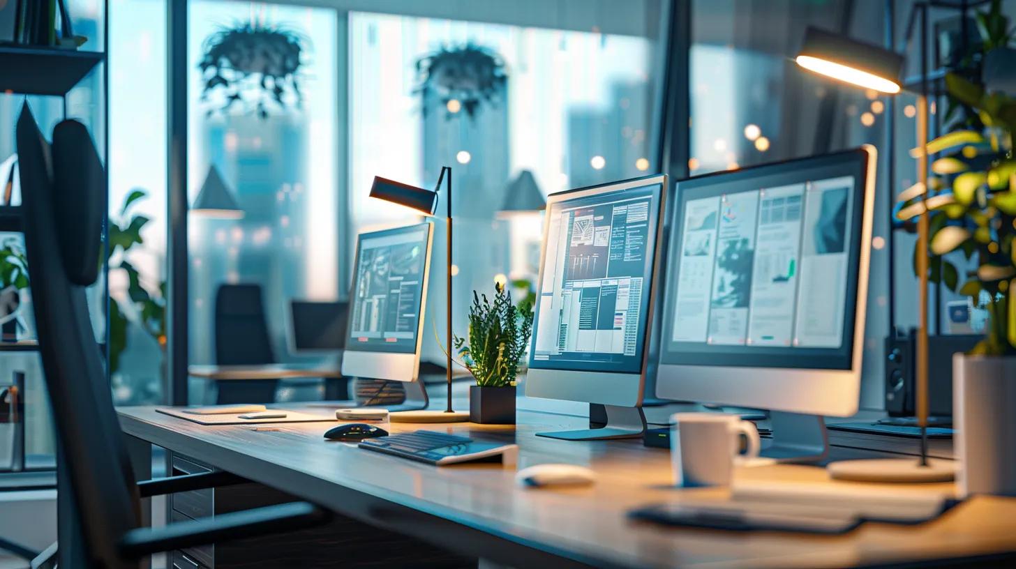 a sleek, modern office workspace, showcasing multiple computer screens displaying vibrant and dynamic website designs, illuminated by soft ambient lighting to emphasize the innovative techniques of effective cross-platform design.