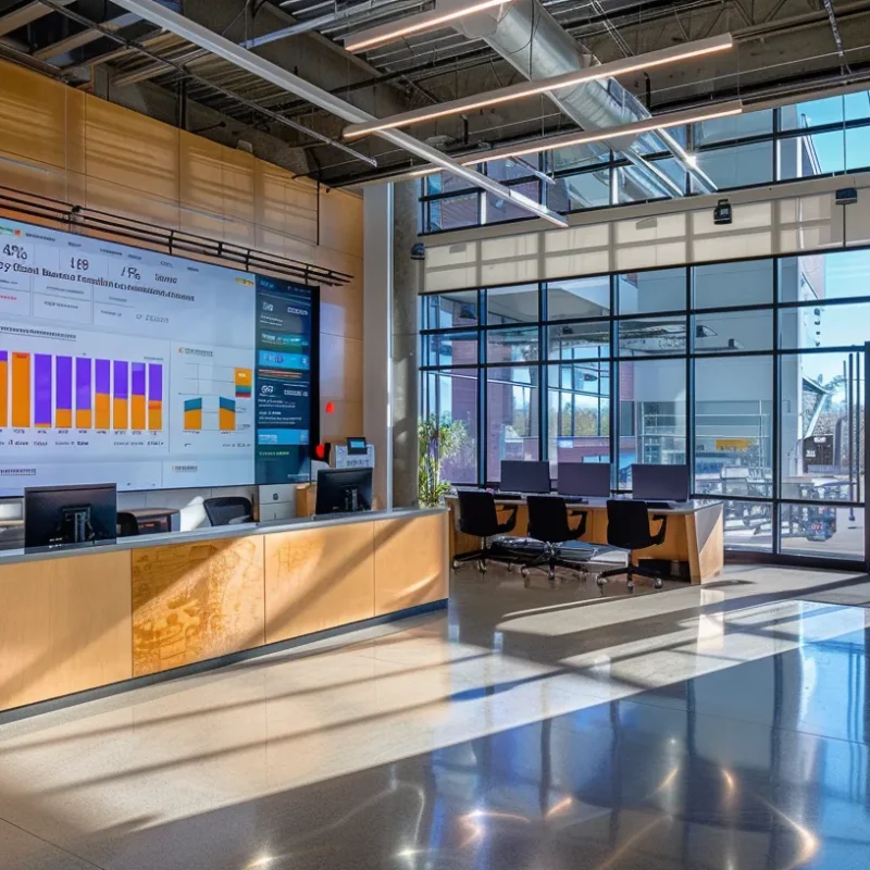 a visually striking office workspace featuring a sleek computer screen displaying a vivid comparison chart of traditional versus sustainable web design strategies, surrounded by an engaging high-tech ambiance and modern decor that emphasizes innovation and digital progress.