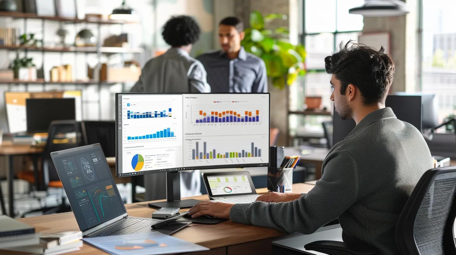 a dynamic office setting features professionals intently engaging with high-tech monitors displaying analytics and graphs, symbolizing the critical impact of page speed on user satisfaction and conversion rates. | Day by Day Digital a dynamic office setting features professionals intently engaging with high-tech monitors displaying analytics and graphs, symbolizing the critical impact of page speed on user satisfaction and conversion rates.