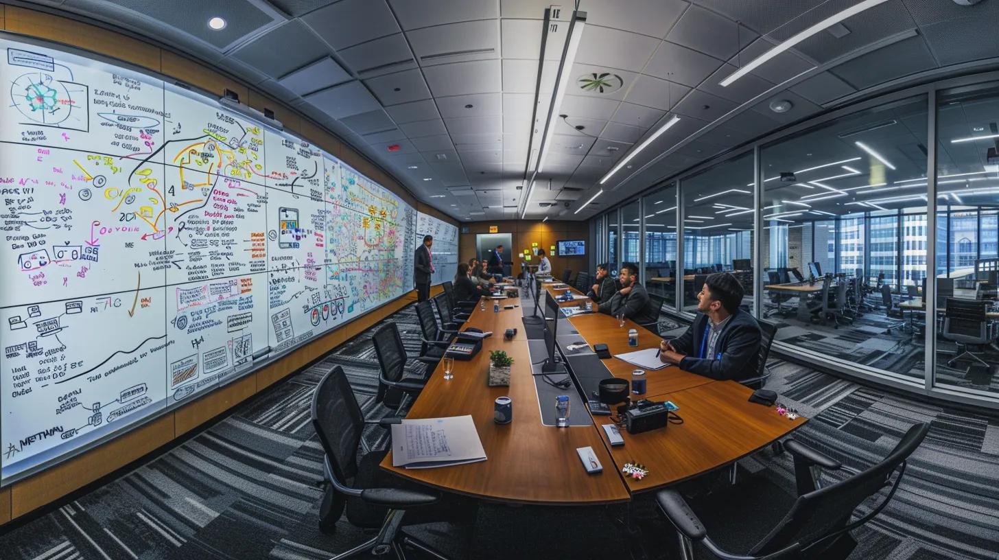 a modern conference room with an impressive whiteboard filled with colorful diagrams and flowcharts, where a diverse team collaborates around a sleek table, passionately discussing their strategic pre-development planning and project architecture for a software project. | Day by Day Digital a modern conference room with an impressive whiteboard filled with colorful diagrams and flowcharts, where a diverse team collaborates around a sleek table, passionately discussing their strategic pre-development planning and project architecture for a software project.