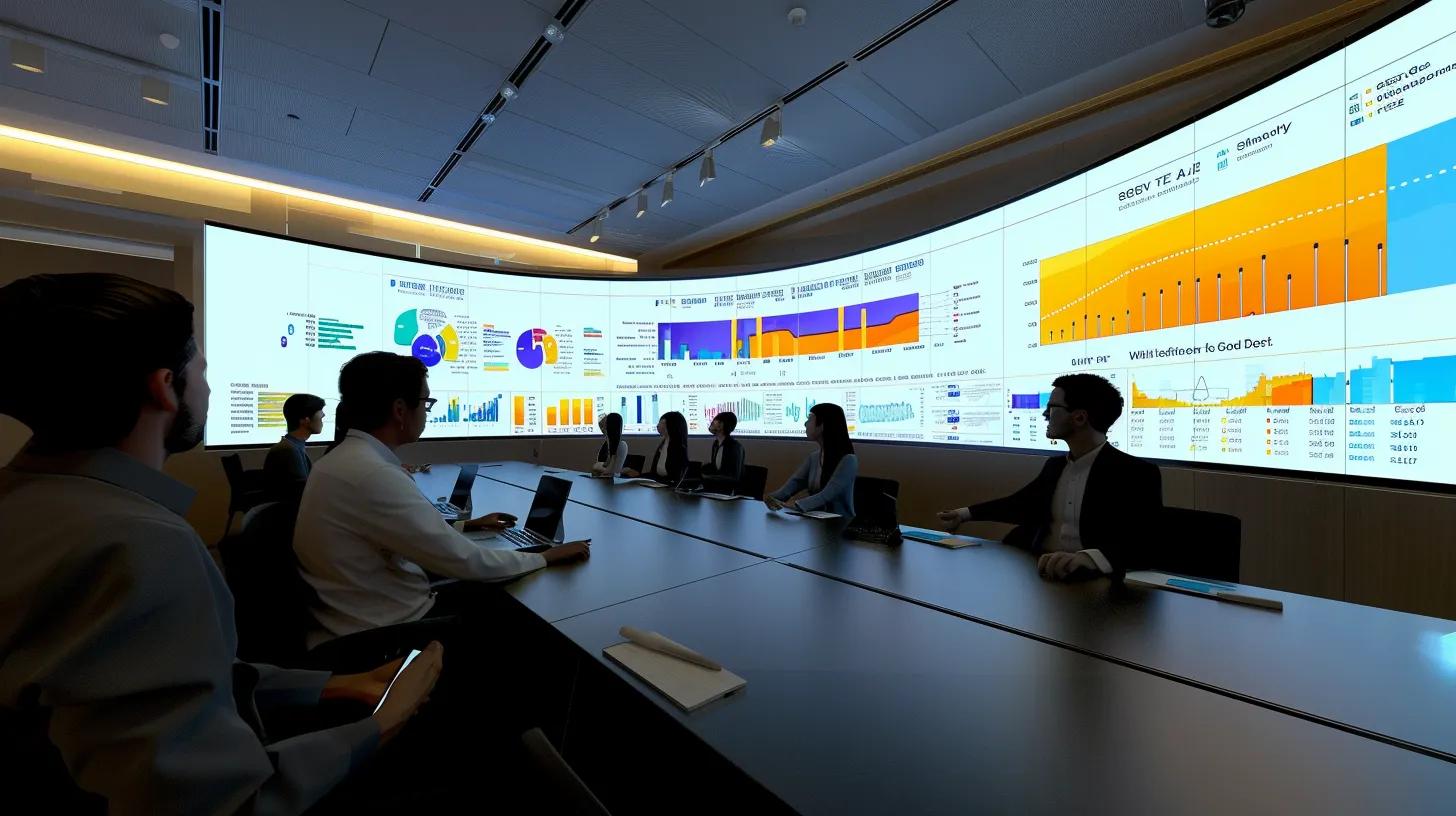 a modern office conference room features a large digital screen displaying a detailed infographic of client testimonials and performance metrics, with professionals engaged in a collaborative discussion surrounding a sleek table, emphasizing data-driven decision-making in web development service selection. | Day by Day Digital a modern office conference room features a large digital screen displaying a detailed infographic of client testimonials and performance metrics, with professionals engaged in a collaborative discussion surrounding a sleek table, emphasizing data-driven decision-making in web development service selection.