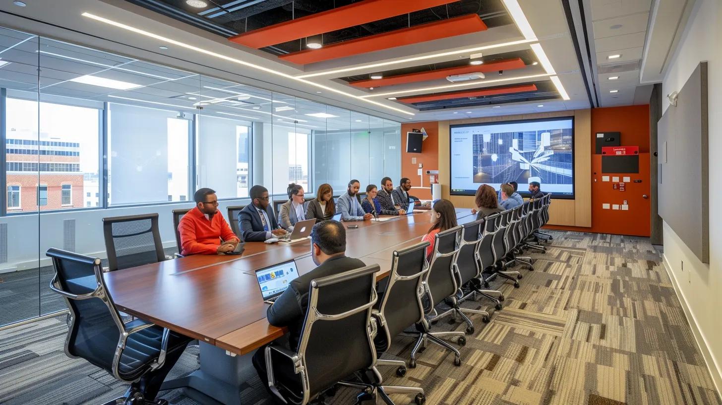 a modern office environment showcases a sleek conference table where a diverse group of professionals intently analyzes a digital portfolio on a large screen, highlighting impactful case studies and metrics that validate their skills and expertise in web design. | Day by Day Digital a modern office environment showcases a sleek conference table where a diverse group of professionals intently analyzes a digital portfolio on a large screen, highlighting impactful case studies and metrics that validate their skills and expertise in web design.