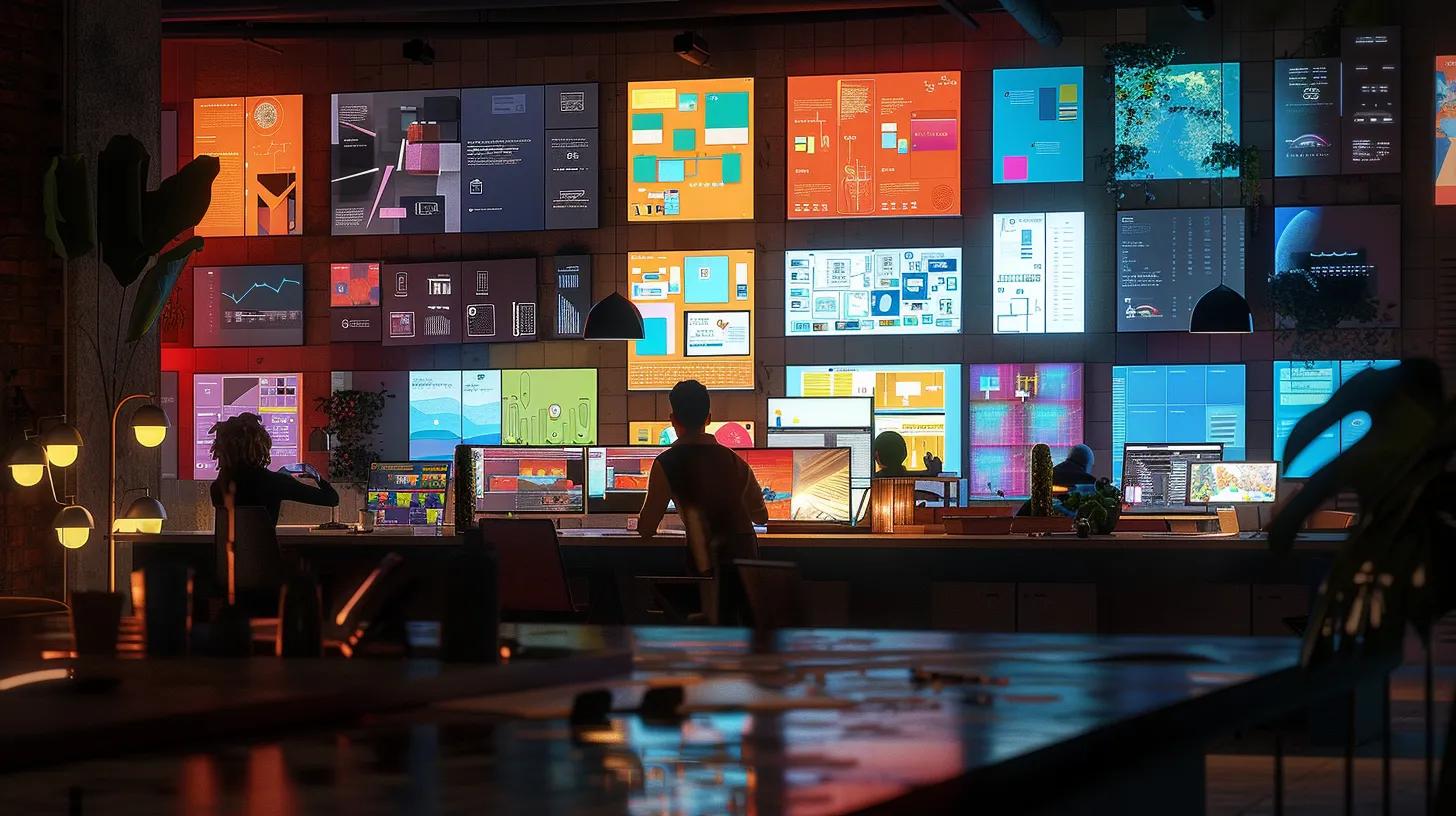 a modern office setting showcases an interactive design team collaborating around a large table filled with vibrant wireframes, colorful mockups, and detailed style guides, all under bright, focused lighting that emphasizes the creativity and energy of the user interface design process. | Day by Day Digital a modern office setting showcases an interactive design team collaborating around a large table filled with vibrant wireframes, colorful mockups, and detailed style guides, all under bright, focused lighting that emphasizes the creativity and energy of the user interface design process.