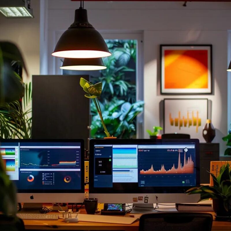 a modern office space adorned with vibrant charts and screens displaying key website performance metrics, illuminated by sleek overhead lights, emphasizing the analytical approach to evaluating website design success post-launch.