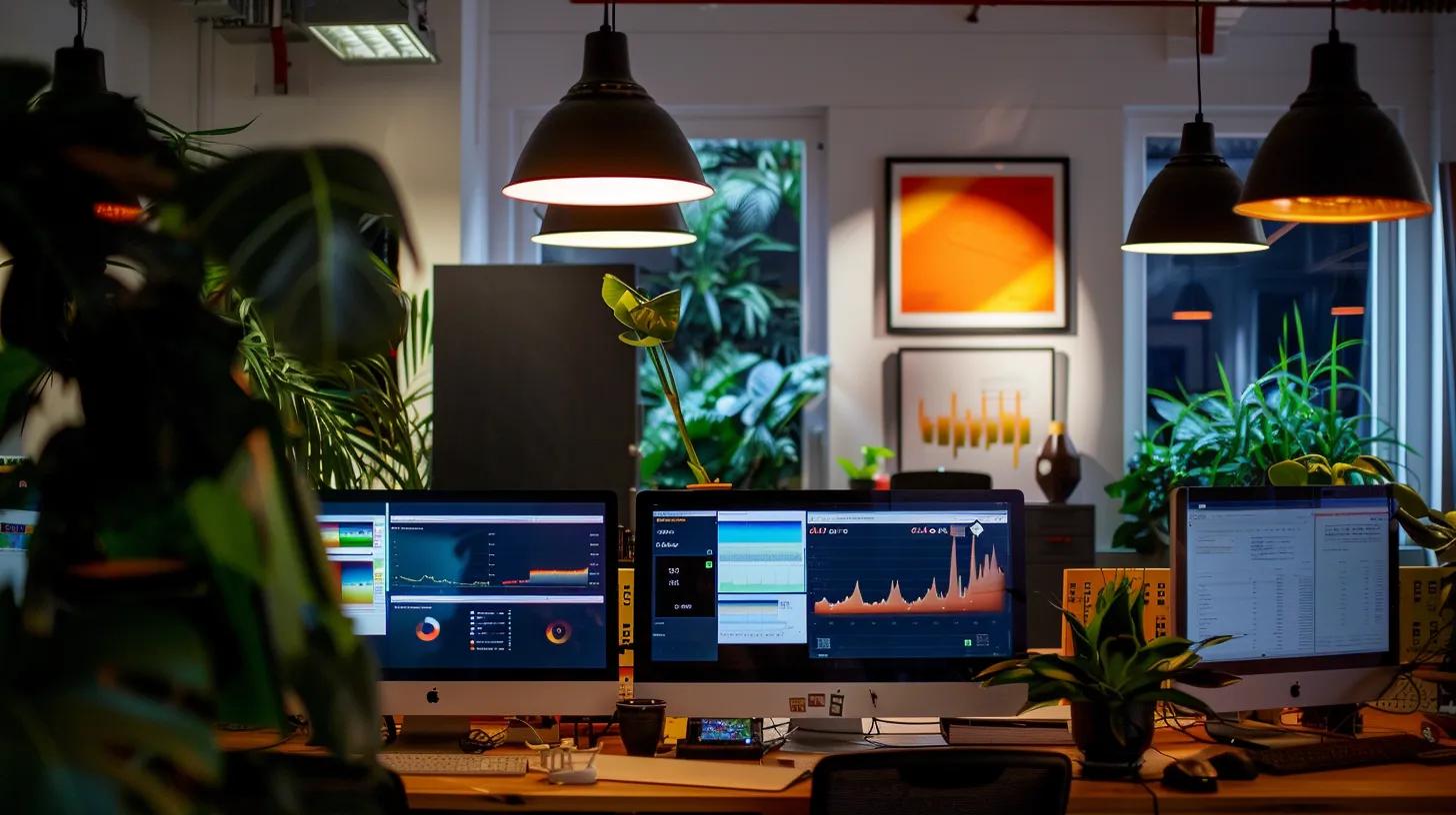a modern office space adorned with vibrant charts and screens displaying key website performance metrics, illuminated by sleek overhead lights, emphasizing the analytical approach to evaluating website design success post-launch.