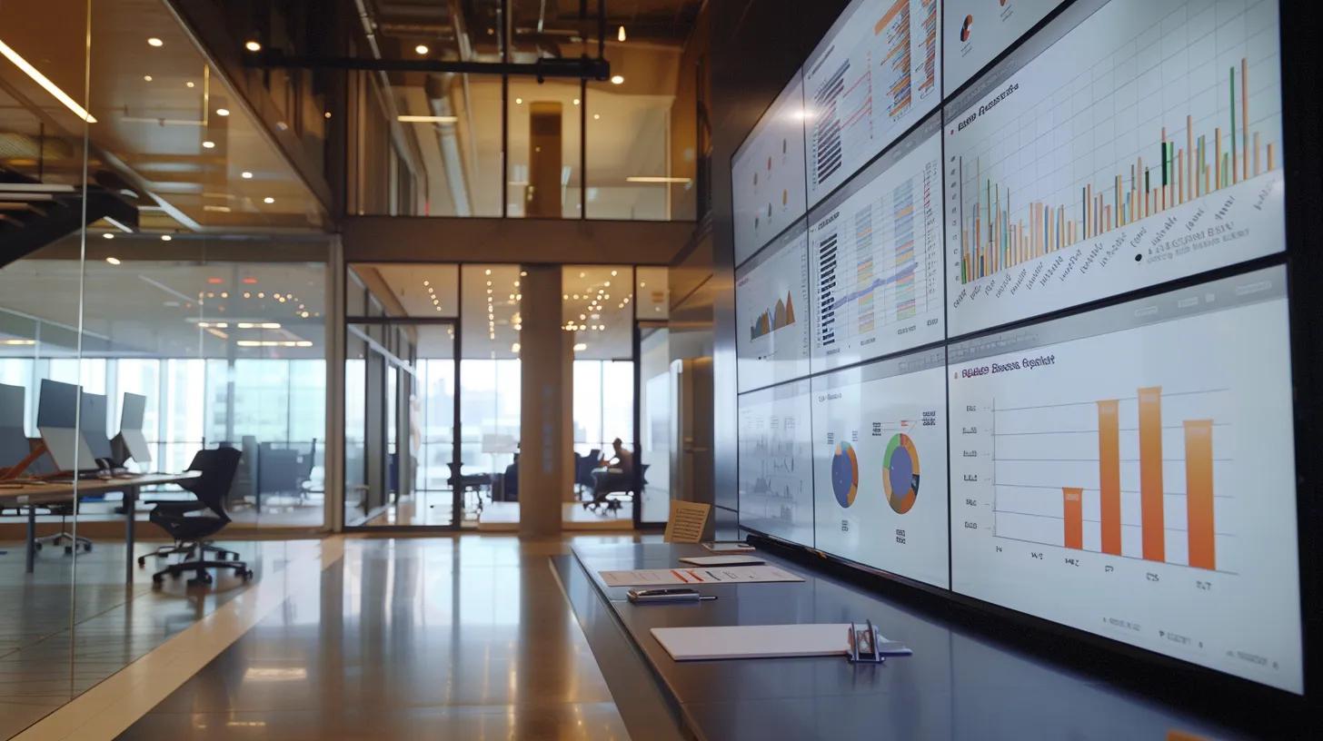 a sleek, modern office space features a large digital dashboard displaying vibrant analytics and performance metrics, illustrating the transformative power of data-driven insights in strategic decision-making. | Day by Day Digital a sleek, modern office space features a large digital dashboard displaying vibrant analytics and performance metrics, illustrating the transformative power of data-driven insights in strategic decision-making.