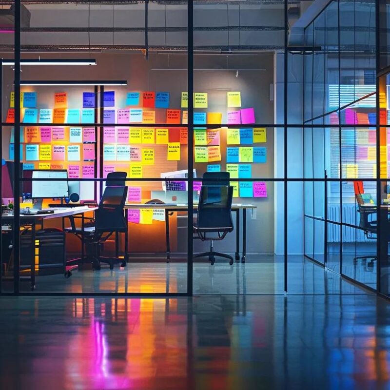 a sleek, modern office space showcases a digital kanban board filled with colorful sticky notes and timelines, embodying the structured yet dynamic nature of web development project planning.