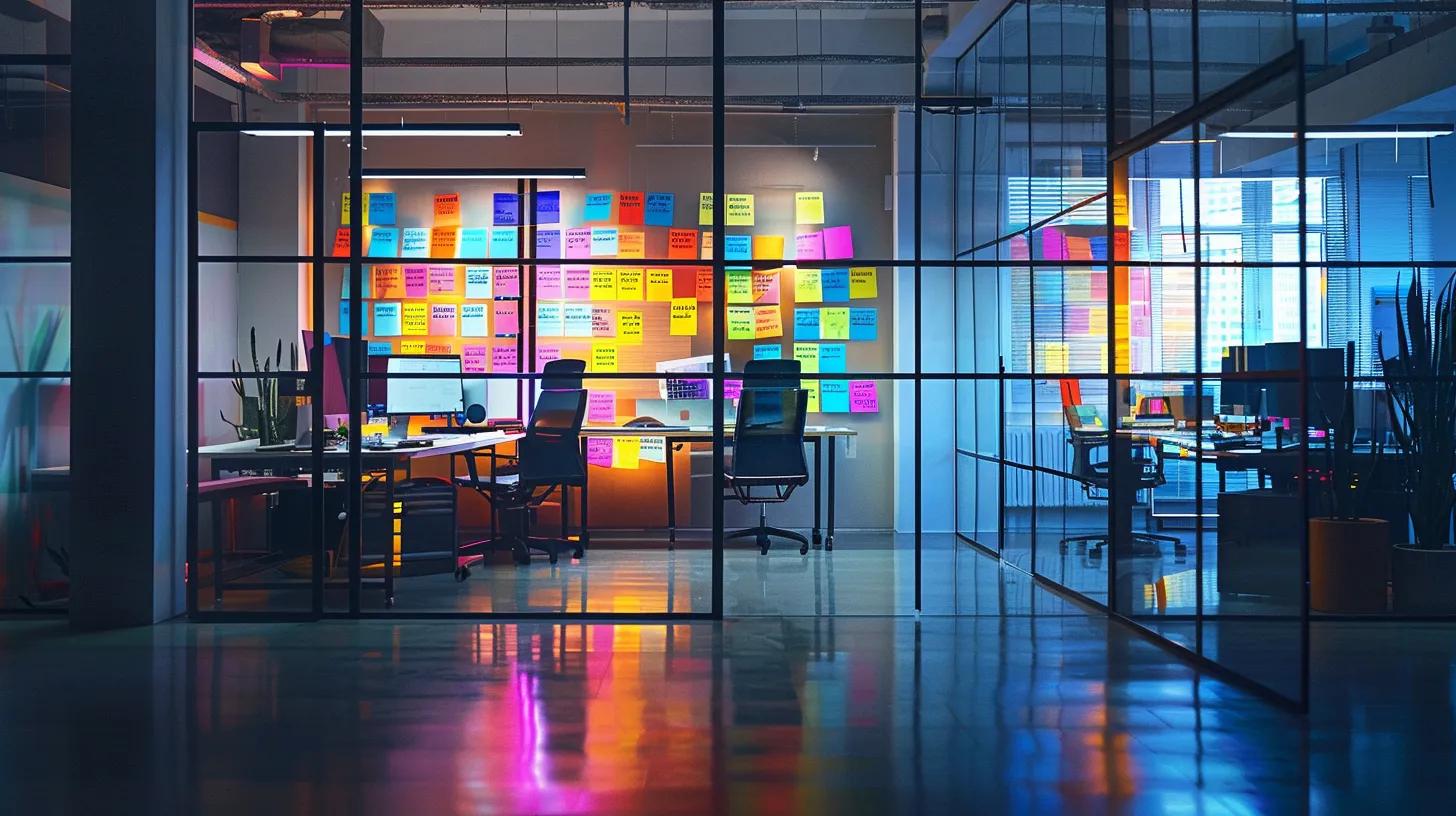 a sleek, modern office space showcases a digital kanban board filled with colorful sticky notes and timelines, embodying the structured yet dynamic nature of web development project planning.