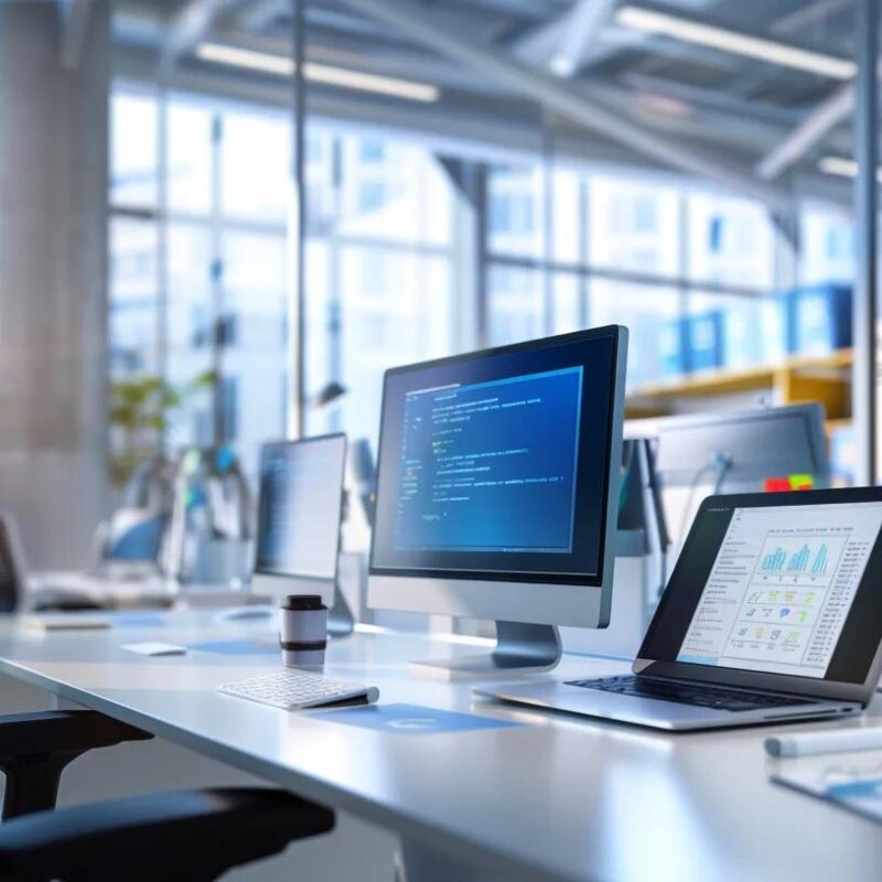 a sleek, modern office workspace featuring multiple monitors displaying vibrant mockups, wireframes, and design software, highlighting various stages of the web design process in an organized and collaborative environment.