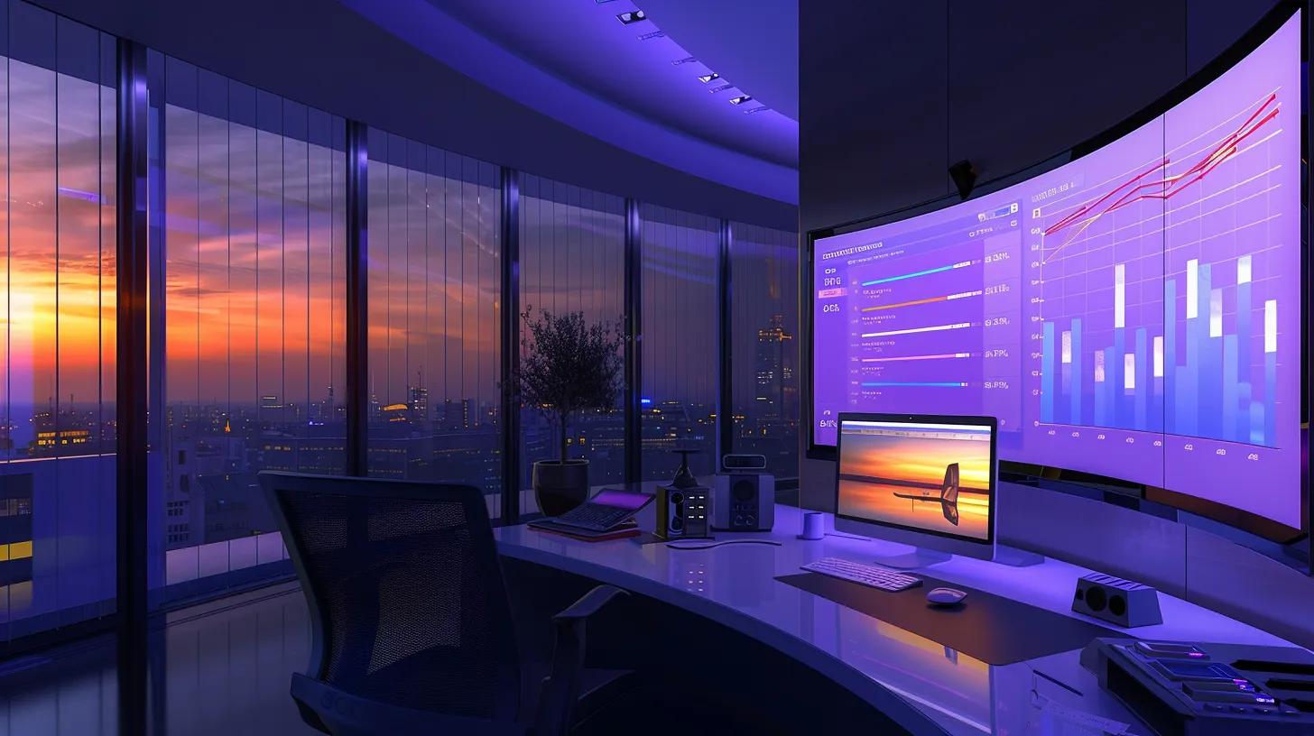 a sleek, modern office workspace features a large, engaging computer screen displaying vibrant web analytics, highlighting a low bounce rate graph and user engagement metrics, bathed in soft, ambient lighting to emphasize the importance of user-friendly web design. | Day by Day Digital a sleek, modern office workspace features a large, engaging computer screen displaying vibrant web analytics, highlighting a low bounce rate graph and user engagement metrics, bathed in soft, ambient lighting to emphasize the importance of user-friendly web design.