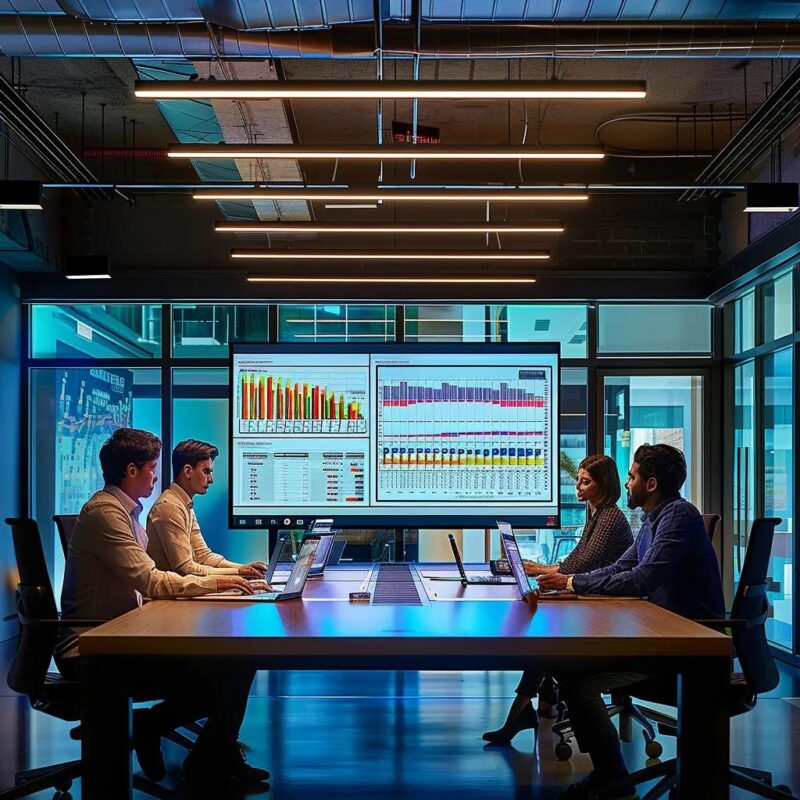 a dynamic urban office space featuring a focused team collaborating around a sleek conference table, illuminated by warm overhead lights, showcasing a large digital screen displaying colorful graphs and statistics on local seo metrics.