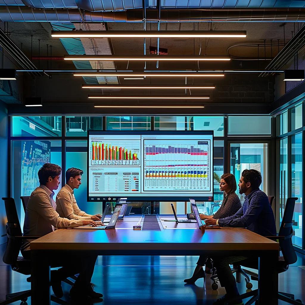 a dynamic urban office space featuring a focused team collaborating around a sleek conference table, illuminated by warm overhead lights, showcasing a large digital screen displaying colorful graphs and statistics on local seo metrics.