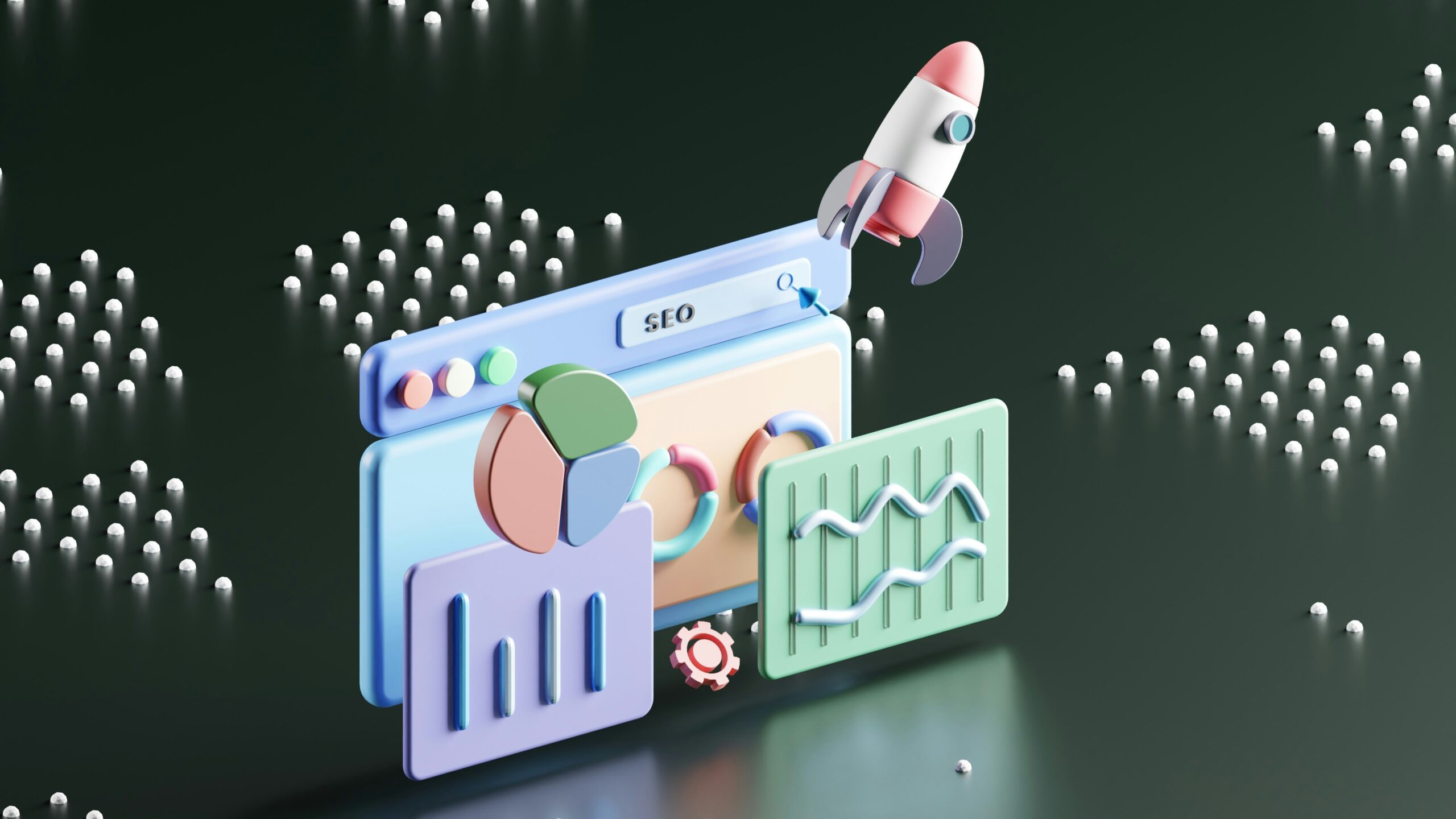 A 3D illustration of SEO dashboards, charts, and a rocket, symbolizing the role of link building analysis tools in boosting search engine rankings. | Day by Day Digital A 3D illustration of SEO dashboards, charts, and a rocket, symbolizing the role of link building analysis tools in boosting search engine rankings.