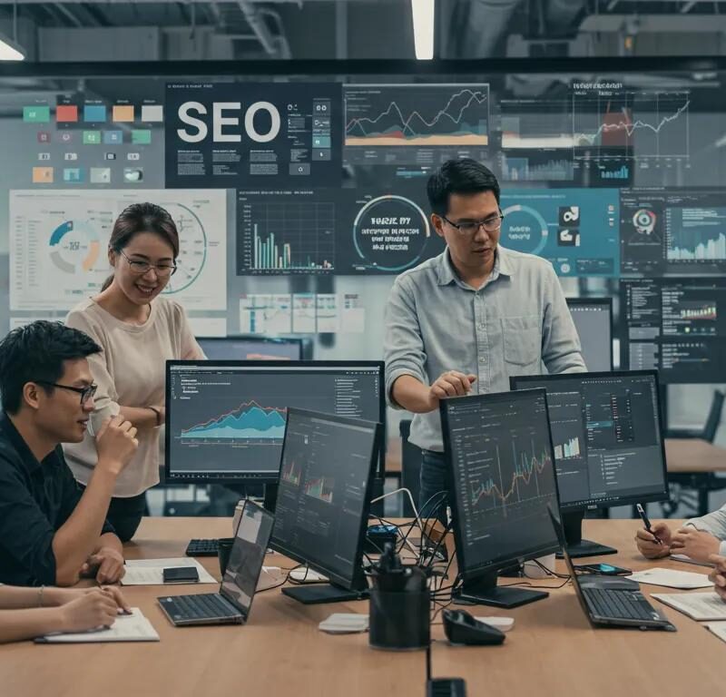 a dynamic office environment showcases a diverse team engaged in a vibrant brainstorming session, surrounded by screens displaying impactful seo metrics and colorful charts, symbolizing the keys to successful content marketing strategies.