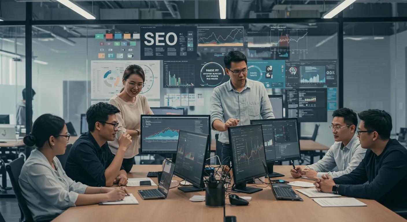 a dynamic office environment showcases a diverse team engaged in a vibrant brainstorming session, surrounded by screens displaying impactful seo metrics and colorful charts, symbolizing the keys to successful content marketing strategies.