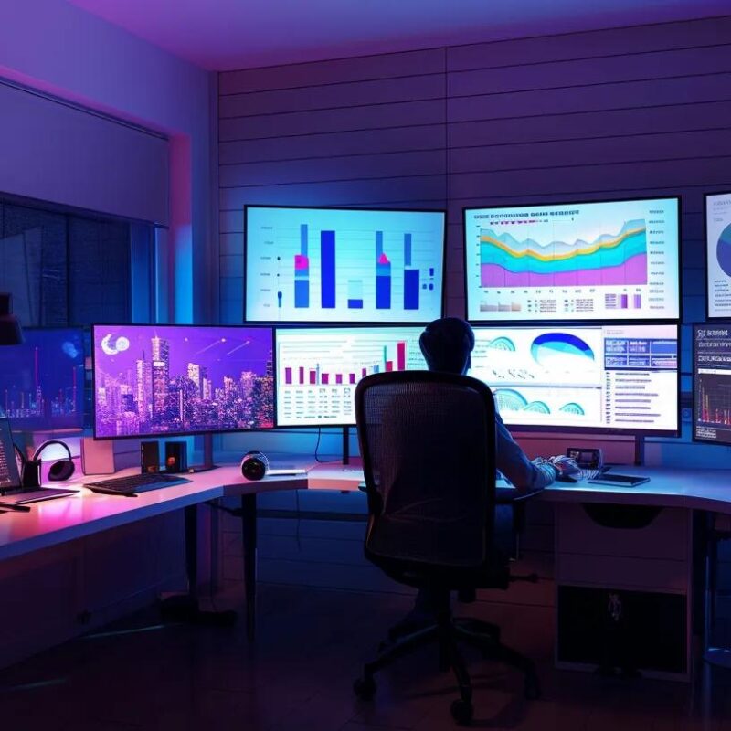 a dynamic office scene features a focused marketer analyzing engaging digital content on multiple screens, surrounded by charts and graphs illustrating soaring seo metrics, all illuminated by the warm glow of modern lighting.