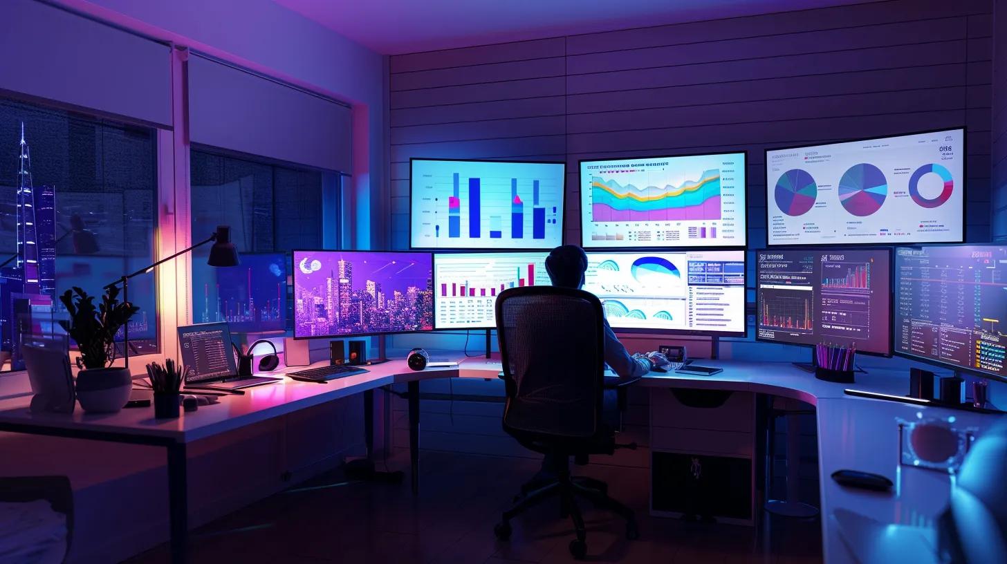 a dynamic office scene features a focused marketer analyzing engaging digital content on multiple screens, surrounded by charts and graphs illustrating soaring seo metrics, all illuminated by the warm glow of modern lighting.