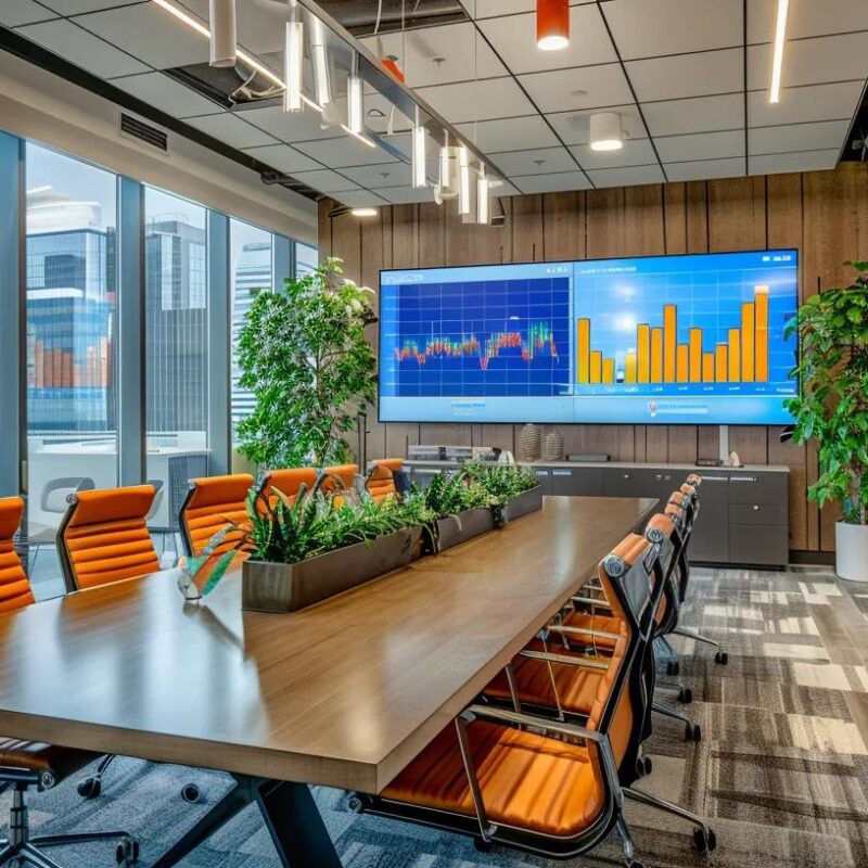 a sleek, modern office environment showcases a dynamic presentation with colorful charts on a large screen, depicting a comparison of leading seo content providers to highlight strategic success in digital marketing.