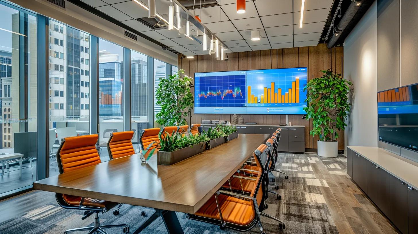 a sleek, modern office environment showcases a dynamic presentation with colorful charts on a large screen, depicting a comparison of leading seo content providers to highlight strategic success in digital marketing.