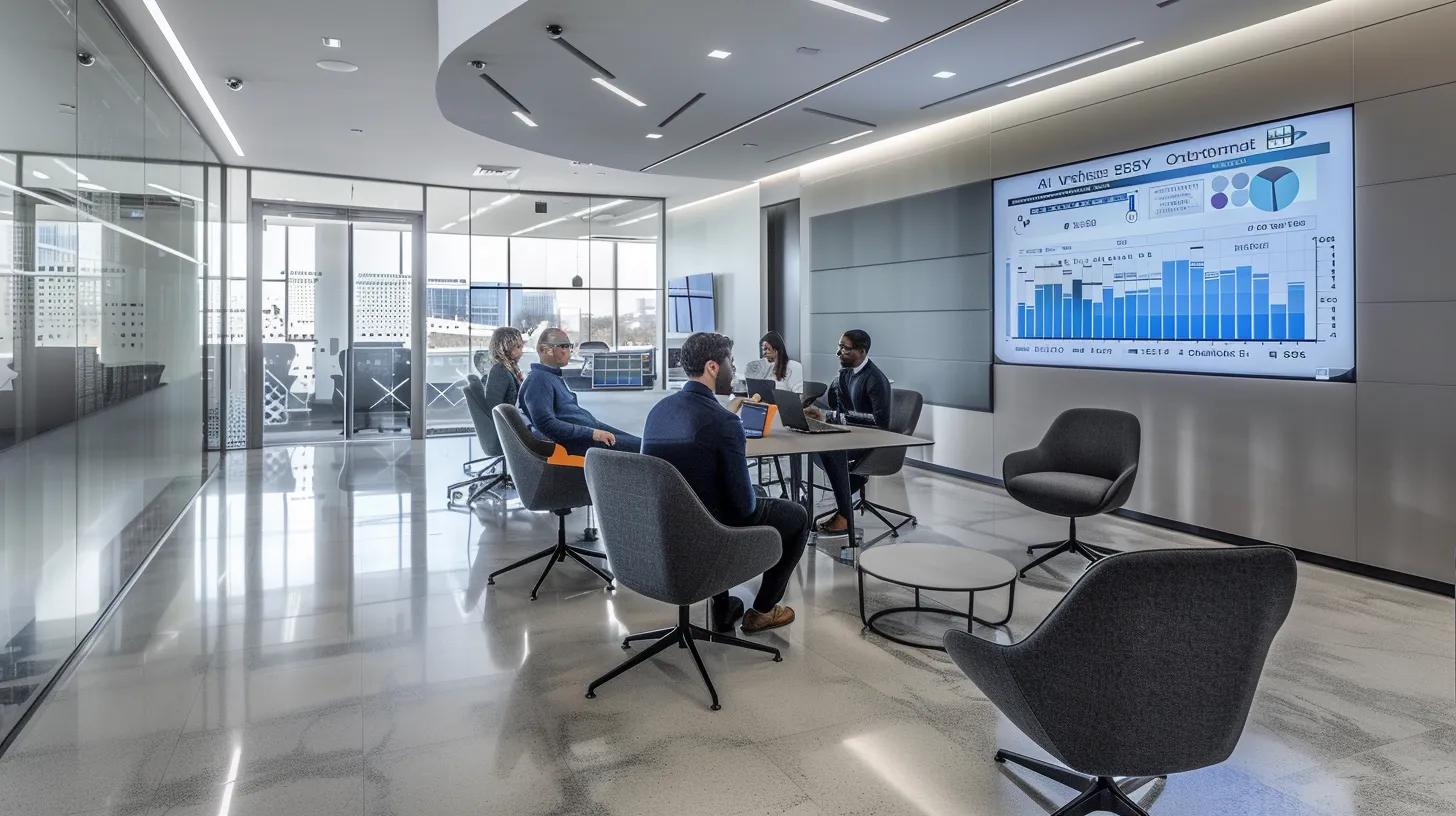 a sleek, modern office environment featuring a large digital screen displaying dynamic graphs and analytics, highlighting trends in seo content marketing while diverse professionals engage in animated discussions around a high-tech conference table. | Day by Day Digital a sleek, modern office environment featuring a large digital screen displaying dynamic graphs and analytics, highlighting trends in seo content marketing while diverse professionals engage in animated discussions around a high-tech conference table.