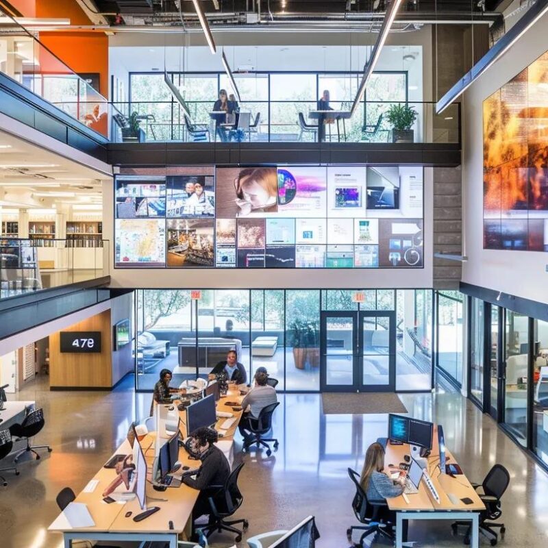 a sleek modern office filled with professionals engaged in dynamic discussions, surrounded by large screens displaying vibrant graphs and analytics, highlighting the powerful synergy of seo content marketing strategies.