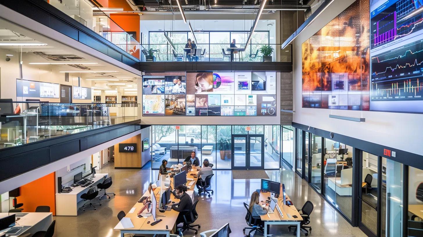 a sleek modern office filled with professionals engaged in dynamic discussions, surrounded by large screens displaying vibrant graphs and analytics, highlighting the powerful synergy of seo content marketing strategies.