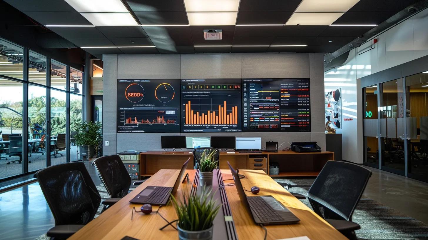 a sleek, modern office setting showcases a digital dashboard displaying impressive seo metrics, including traffic growth and keyword rankings, with an engaged team analyzing data on laptops in a collaborative environment. | Day by Day Digital a sleek, modern office setting showcases a digital dashboard displaying impressive seo metrics, including traffic growth and keyword rankings, with an engaged team analyzing data on laptops in a collaborative environment.