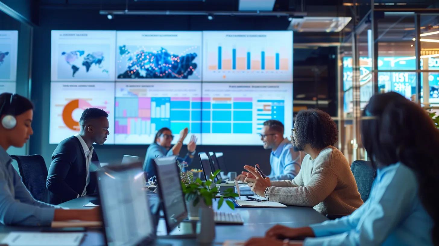 a dynamic office scene displays a diverse team of professionals engaged in a focused brainstorming session, surrounded by vibrant digital displays showcasing analytics and customer insights, emphasizing collaboration in developing a cutting-edge ecommerce content marketing strategy.