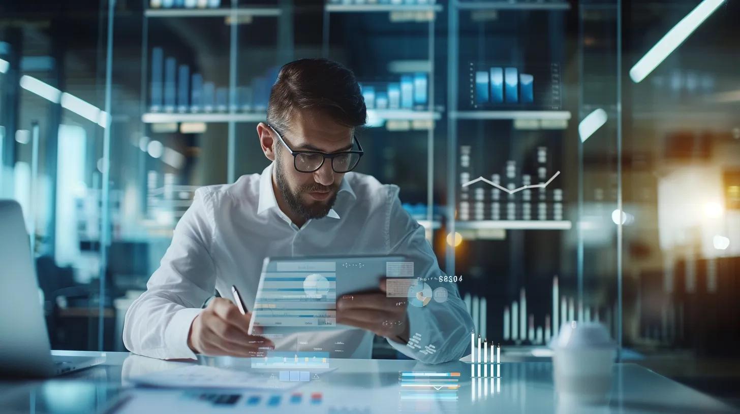 A focused professional analyzing digital charts and graphs to develop a strategic link building plan for impactful SEO results.