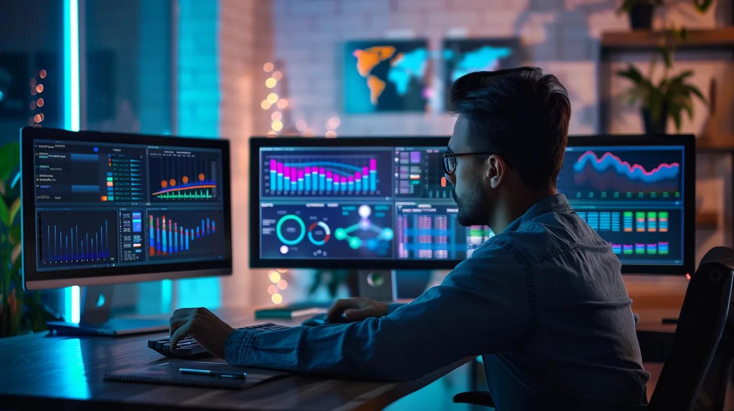a sleek, modern office workspace features an analyst intently reviewing dynamic seo performance graphs on multiple glowing monitors, with a digital dashboard displaying key metrics in vibrant colors.