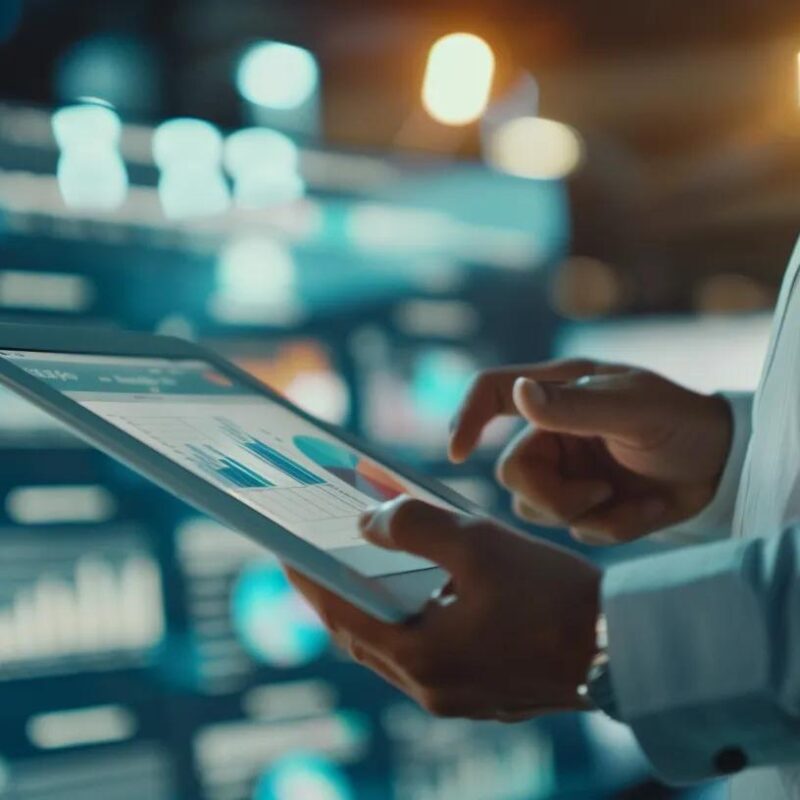 a sleek, modern office setting featuring a focused professional analyzing intricate seo graphs on a digital tablet, illuminated by ambient lighting that highlights the complexity of master link building techniques.