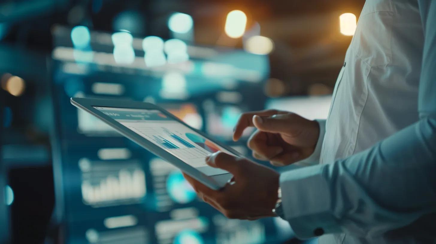 a sleek, modern office setting featuring a focused professional analyzing intricate seo graphs on a digital tablet, illuminated by ambient lighting that highlights the complexity of master link building techniques.
