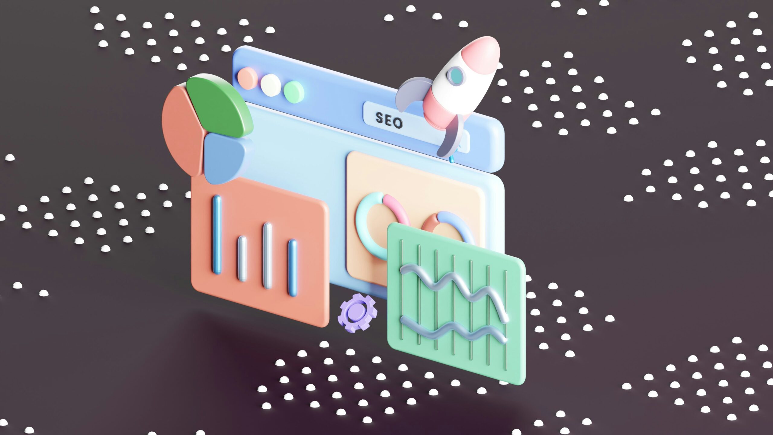 3D illustration of SEO dashboard elements, including graphs, gears, and a rocket, symbolizing technical SEO enhancements for lasting organic visibility. | Day by Day Digital 3D illustration of SEO dashboard elements, including graphs, gears, and a rocket, symbolizing technical SEO enhancements for lasting organic visibility.