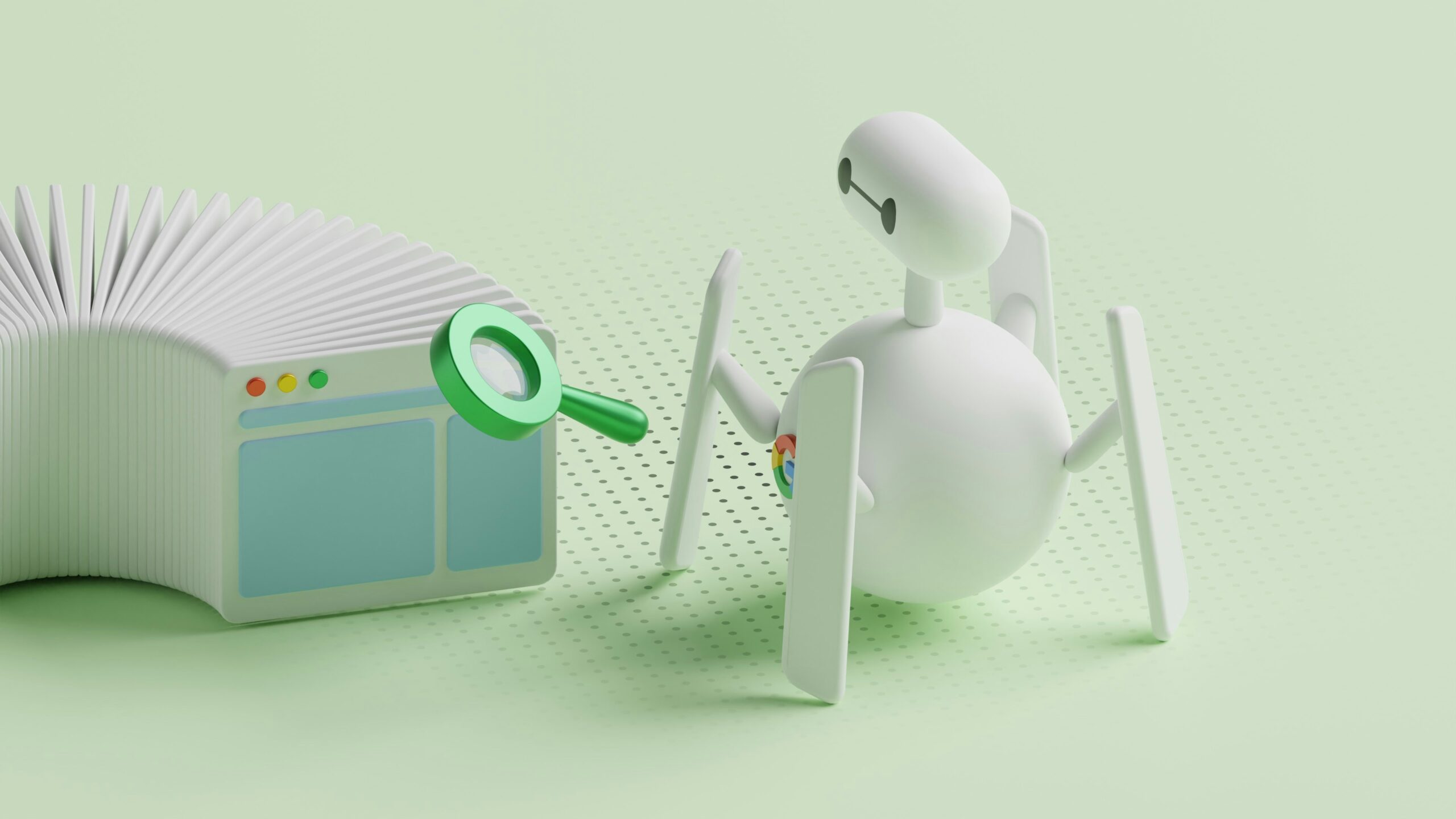 3D illustration of a Google search bot analyzing a webpage, symbolizing the groundwork needed to build a strong foundation for long-term SEO content success.
