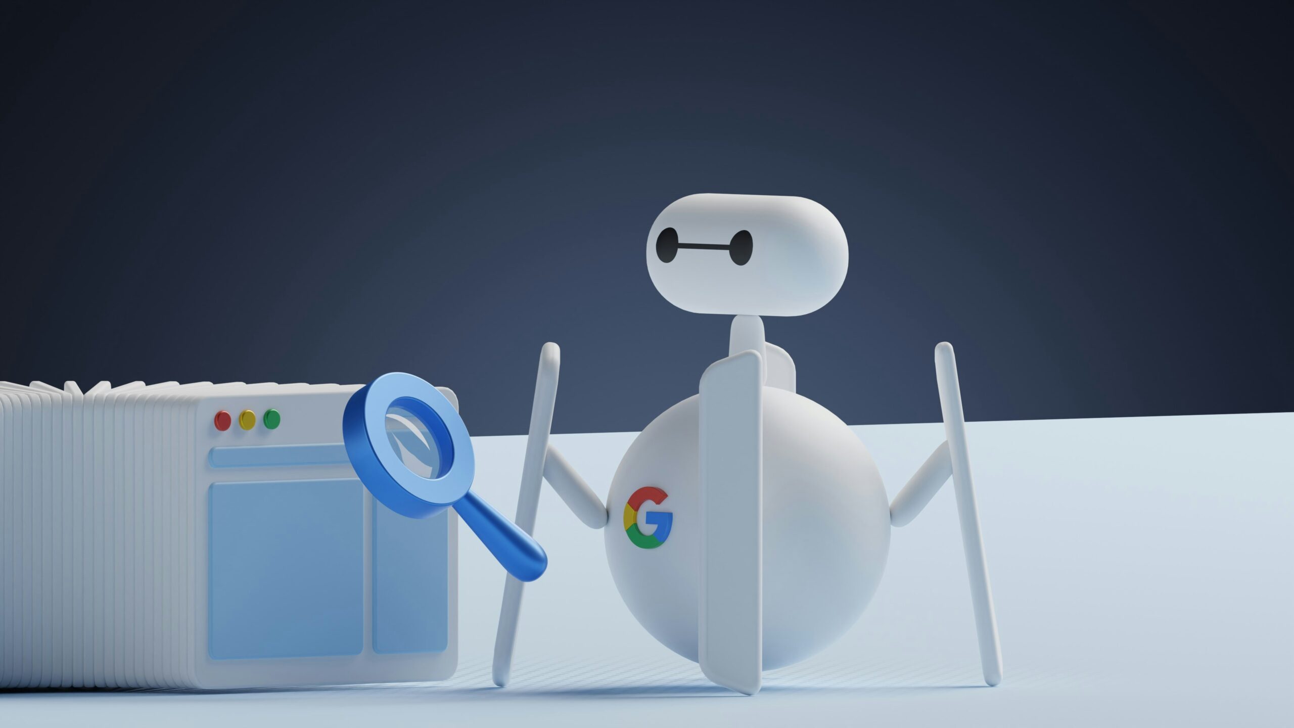 A 3D robot figure with a magnifying glass and browser windows symbolizes the process of keyword research essential for boosting SEO in content marketing. | Day by Day Digital A 3D robot figure with a magnifying glass and browser windows symbolizes the process of keyword research essential for boosting SEO in content marketing.