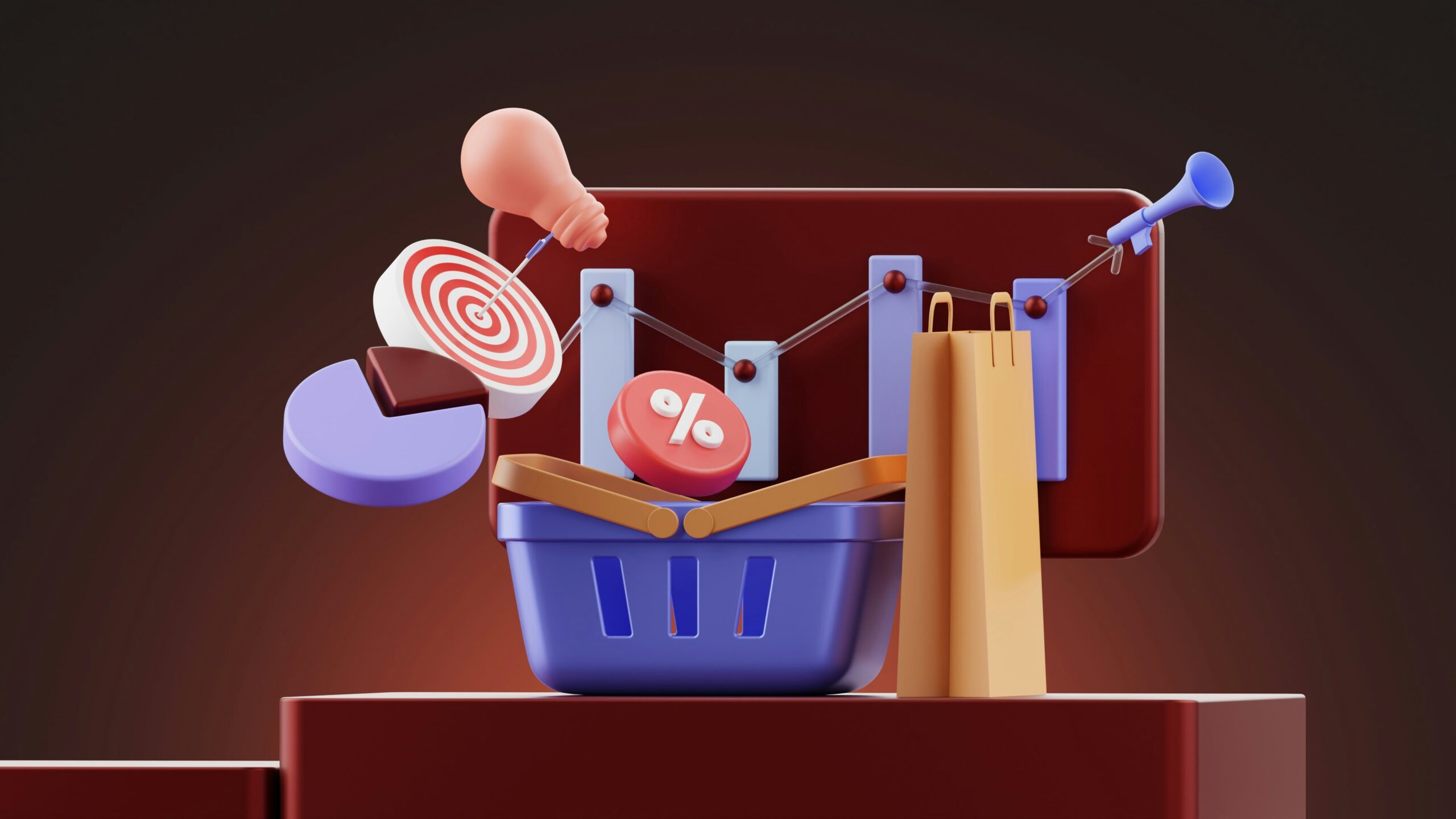 3D illustration of ecommerce marketing elements—shopping basket, sales tags, charts, and megaphone—representing the impact of high-quality backlinks on online store visibility. | Day by Day Digital 3D illustration of ecommerce marketing elements—shopping basket, sales tags, charts, and megaphone—representing the impact of high-quality backlinks on online store visibility.