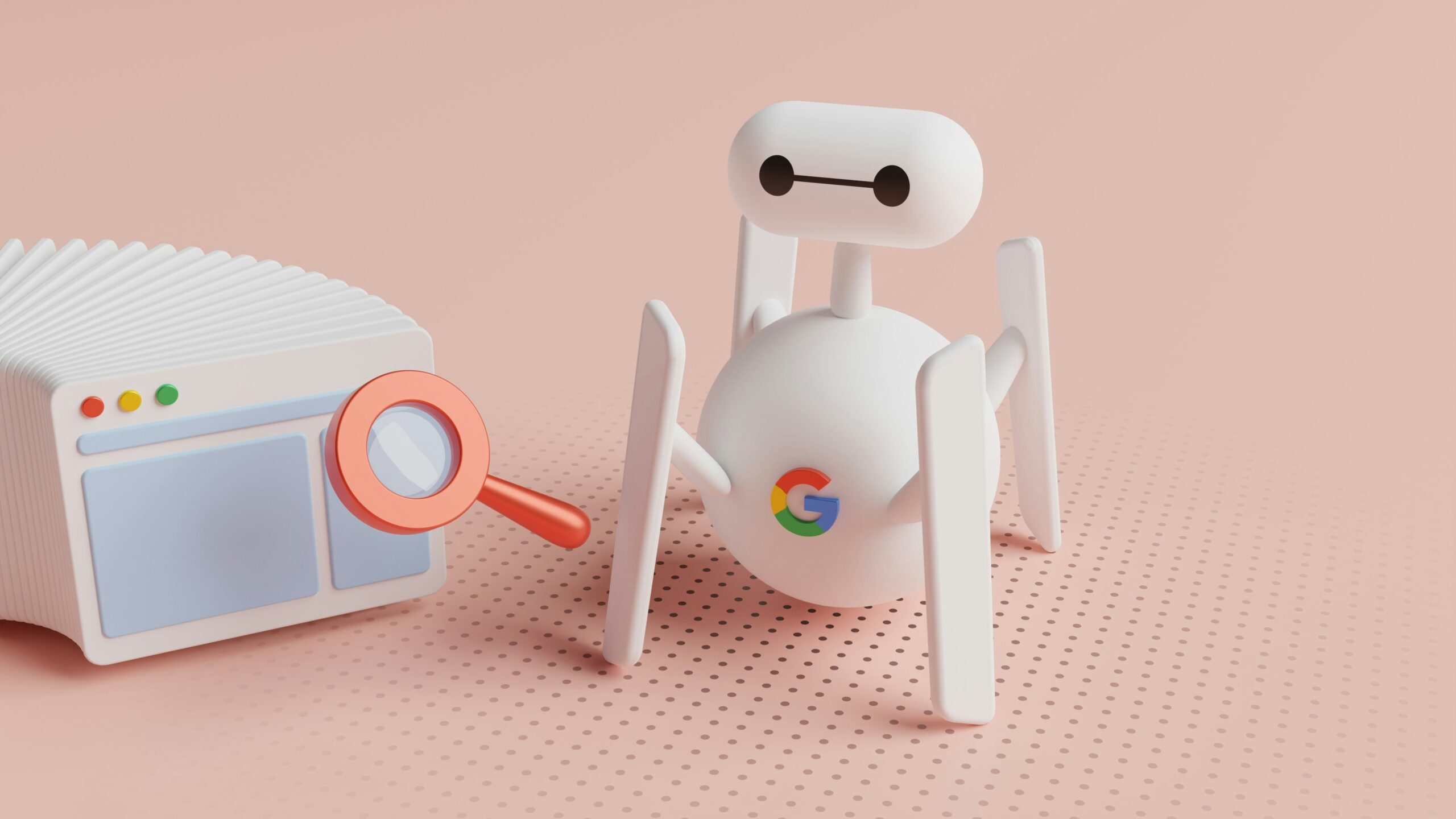 A Google search bot examining a webpage with a magnifying glass, symbolizing SEO content optimization. | Day by Day Digital A Google search bot examining a webpage with a magnifying glass, symbolizing SEO content optimization.