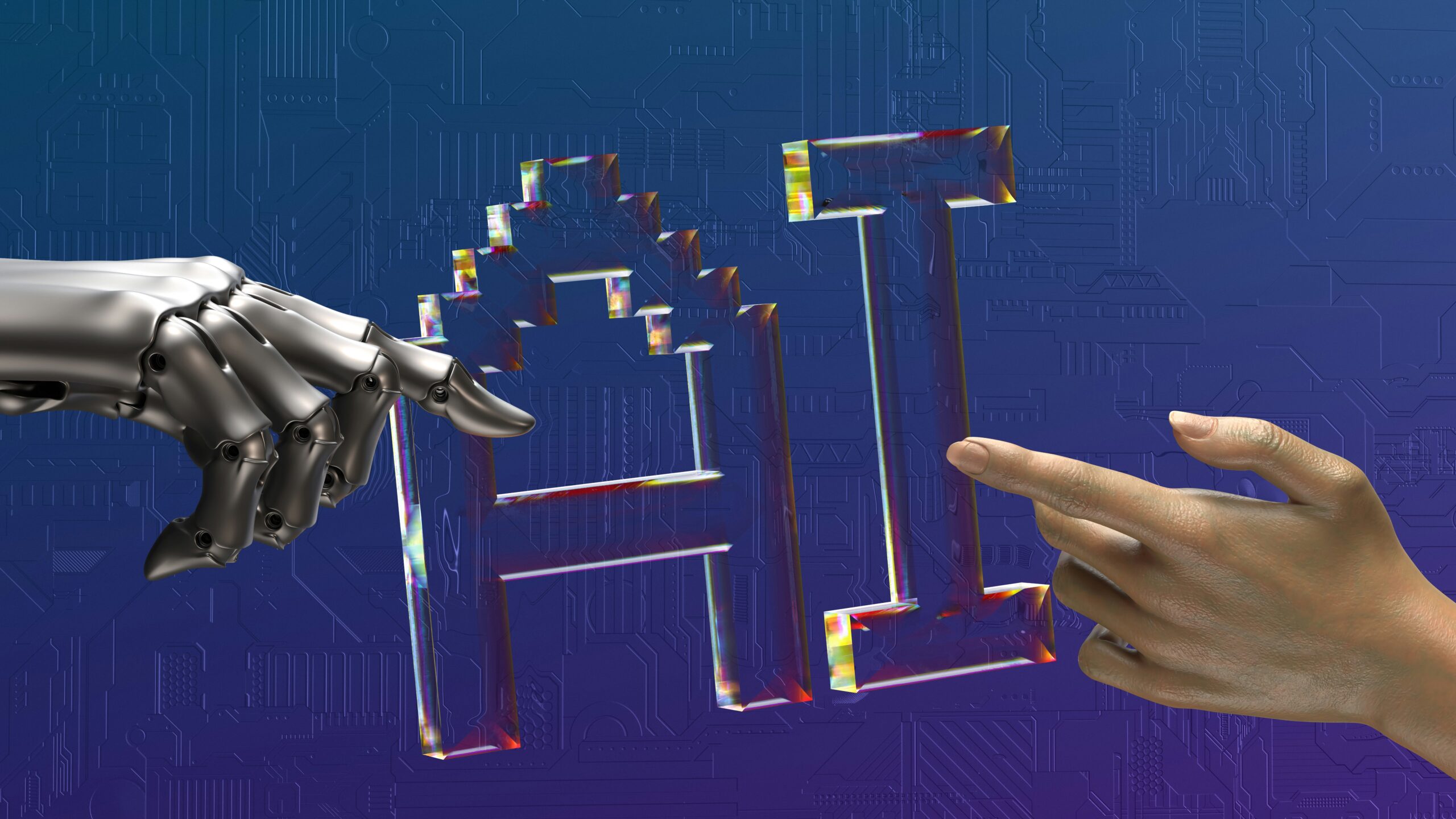 A robotic hand and human hand reaching toward the letters AI, symbolizing collaboration between AI tools and humans in SEO content creation and optimization. | Day by Day Digital A robotic hand and human hand reaching toward the letters AI, symbolizing collaboration between AI tools and humans in SEO content creation and optimization.